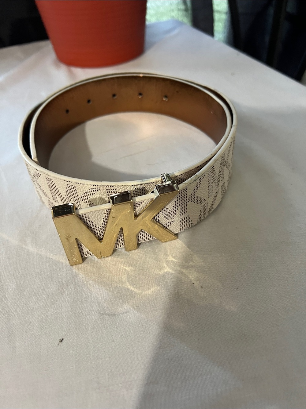 Michael Kors White Monogram Belt with Gold MK Buckle